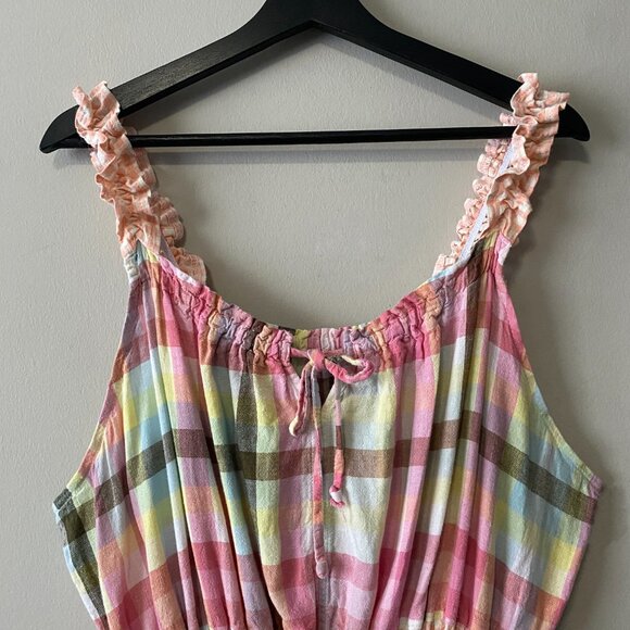 Handmade Plus Size Cotton Linen Pink Peach White Elastic Straps Dress - Picture 6 of 13